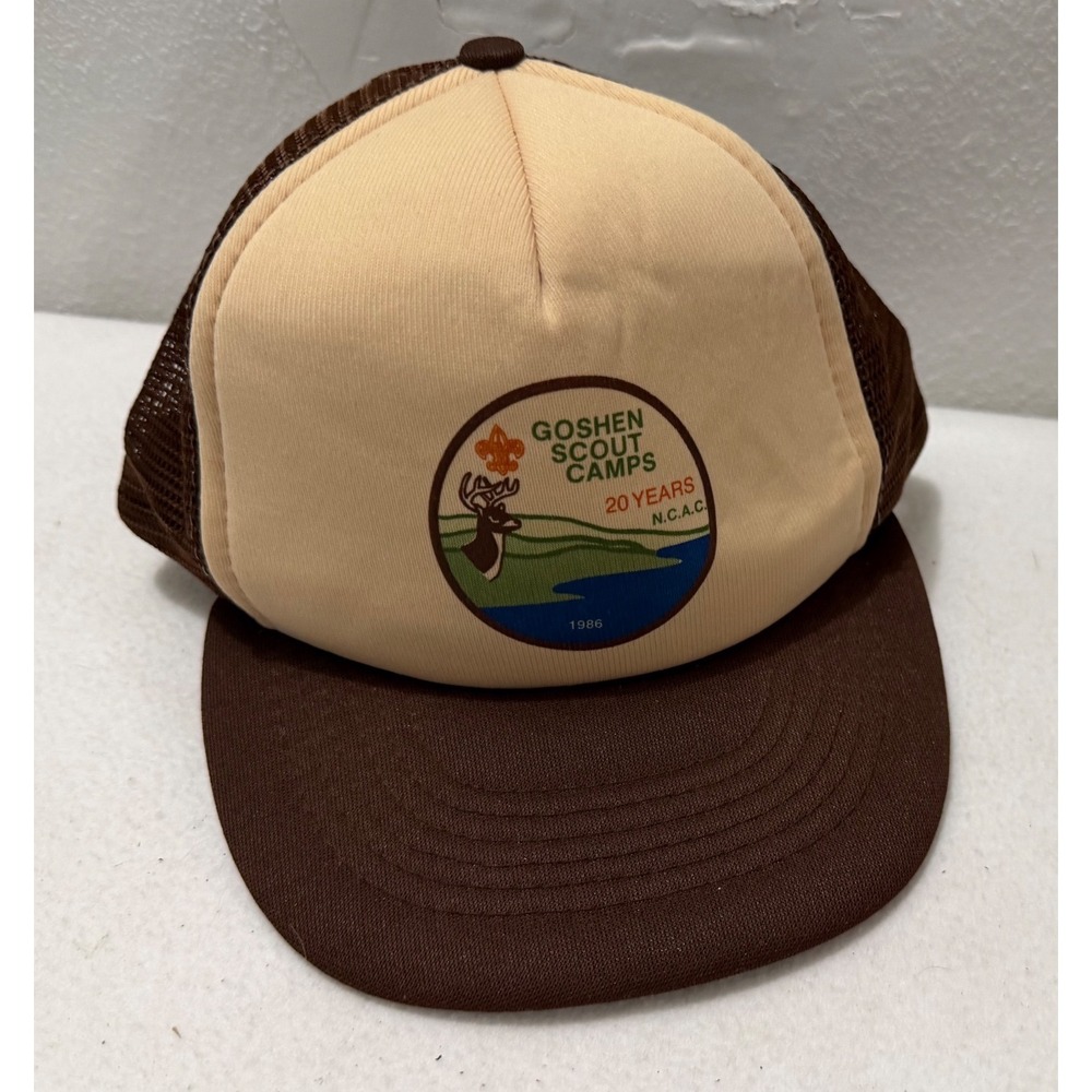 Vintage 1986 Goshen Scout Camps 20 Years Trucker Hat Brown Tan Kap II Snapback